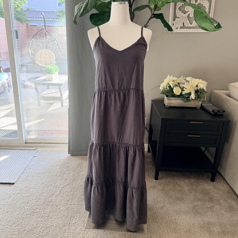Splendid Collection Dress Womens Small Gray Linen Maxi Tiered Ruffle Sundress